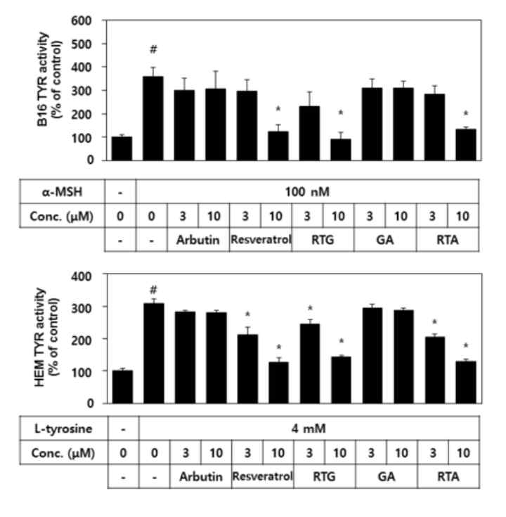 Effects of arbutin, resveratrol, RTG, GA, and RTA on the active TYR levels in cells.