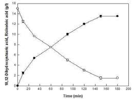 Time course of 10,12-dihydroxystearic acid (●) from 15 g/L ricinoleic acid (○) by L. fusiformis oleate hydratase