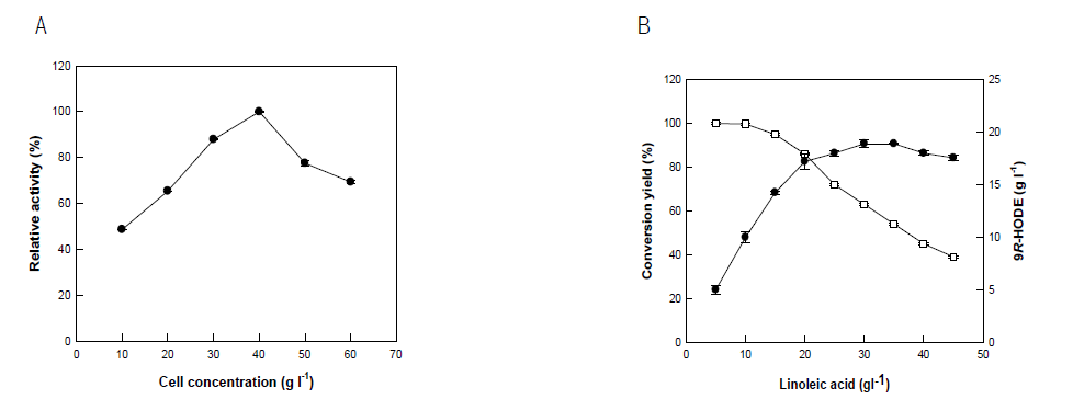 Effects of the concentrations of cells (A) and substrate (B) on the production of 9R-HODE from linoleic acid by whole recombinant cells expressing 9R-lipoxygenase