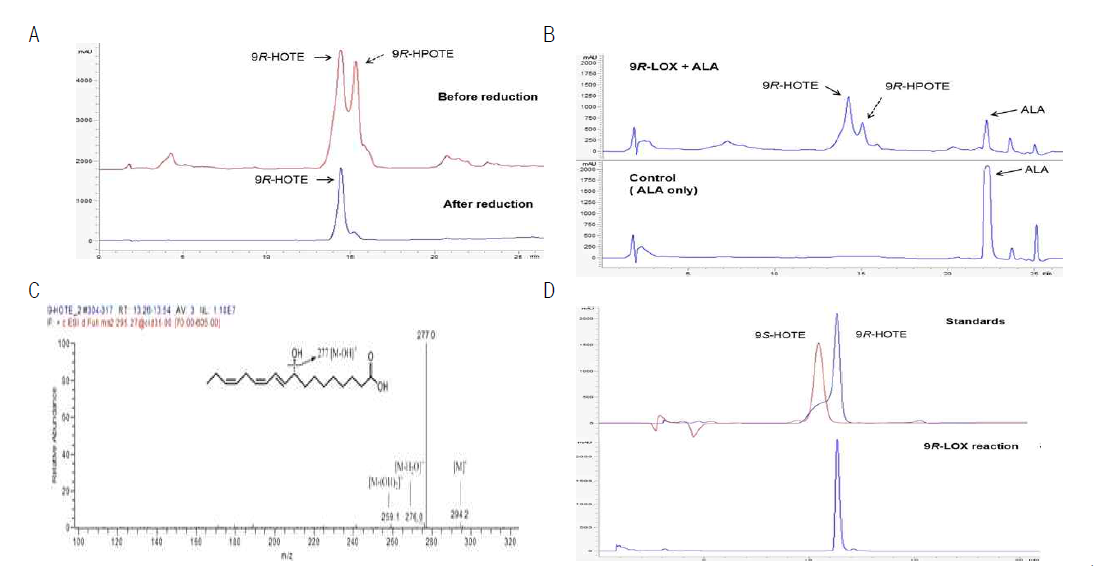 Identification and analysis of reaction product of 9R-LOX by HPLC and LC-MS/MS