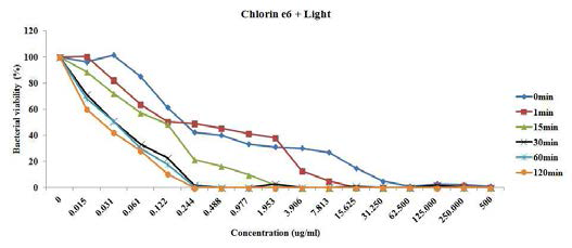 광원 조사 시간에 따른 클로린 e6의 항균 효능