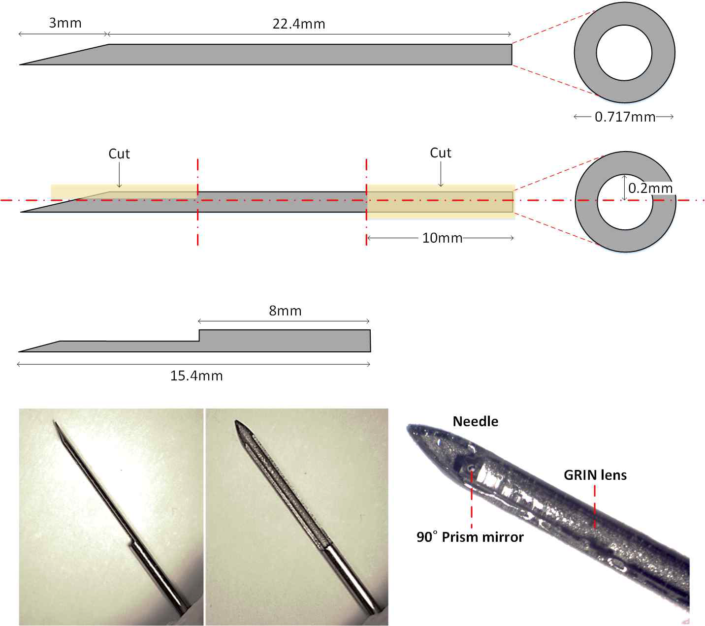 GRIN 렌즈 프로브와 결속되는 상용화 니들의 후면부와 전면부 절삭 가공 도면 (위), 실제 가공된 니들과 side-viewing 이 가능한 GRIN 렌즈의 결속 사진 (아래)