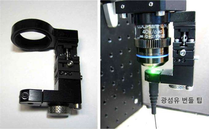 삼축 위치제어가 가능한 자체 제작 스테이지 사진 (좌), 공초점 현미경 셋업에 결착된 플렉서블 광섬유 번들 기반 hand-held 내시경의 사진 (우)