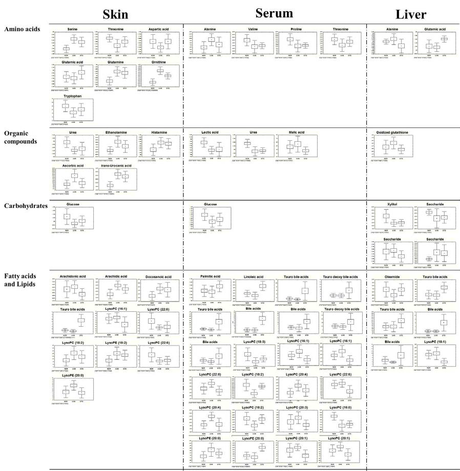 유의적으로 차이나는 대사물질의 상대적인 함량 비교 그래프. 왼쪽부터, 대조군; UVB 조사군; UVB조사와 녹차 식이섭취군