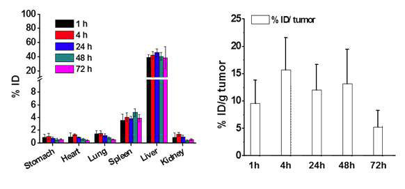 유도 결합 플라즈마 원자 방사 분광법으로 측정한 지능형 금 나노 입자-리포좀 복합체의 시간에 따른 주요 장기별 분포 (오른쪽) 및 암조직 축적량 (왼쪽) 그래프.