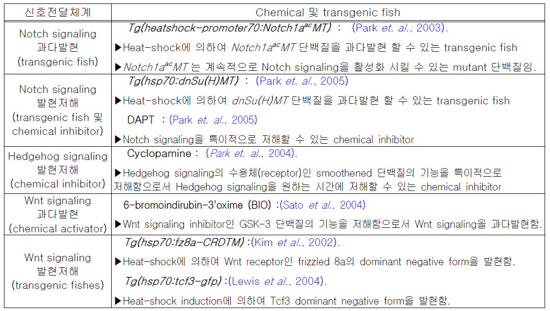 신호전달체계 조절을 위하여 확보된 각종 transgenic system 및 chemicals