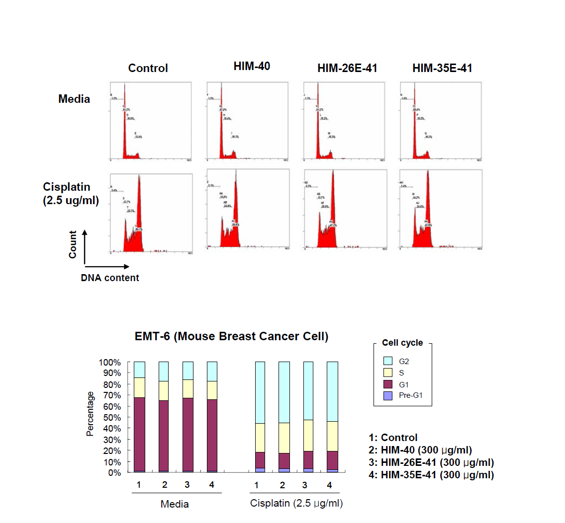 마우스 유방암 세포주에서 항암제(cisplatin)에 의한 암세포의 cell cycle 변화에 대한 신 후보 조성물의 효능 비교.
