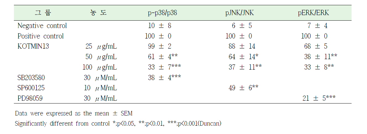 RAW 264.7 세포에서 KOTMIN13의 MAP kinase 인산화에 대한 영향