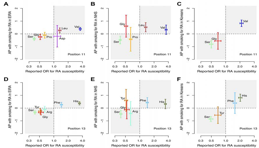 류마티스관절염 발병시 아미노산 11번(A,B,C)과 13번(D,E,F)의 잔기와 흡연의 상호작용 효과 그리고 각 잔기의 질병연관성 효과의 연관성; 스웨덴인 결과(A,D), 미국인 결과(B,E), 한국인 결과(C,F)