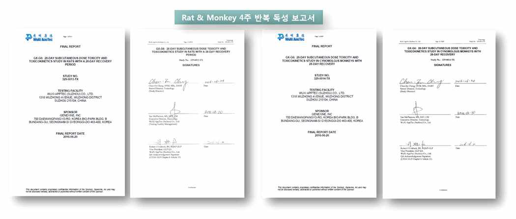 Rat과 Monkey에서의 4주 반복 독성 시험 결과 보고서