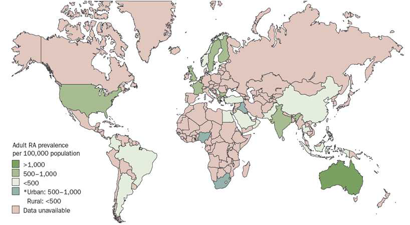 Prevalence of rheumatoid arthritis in the adult population of various world regions.