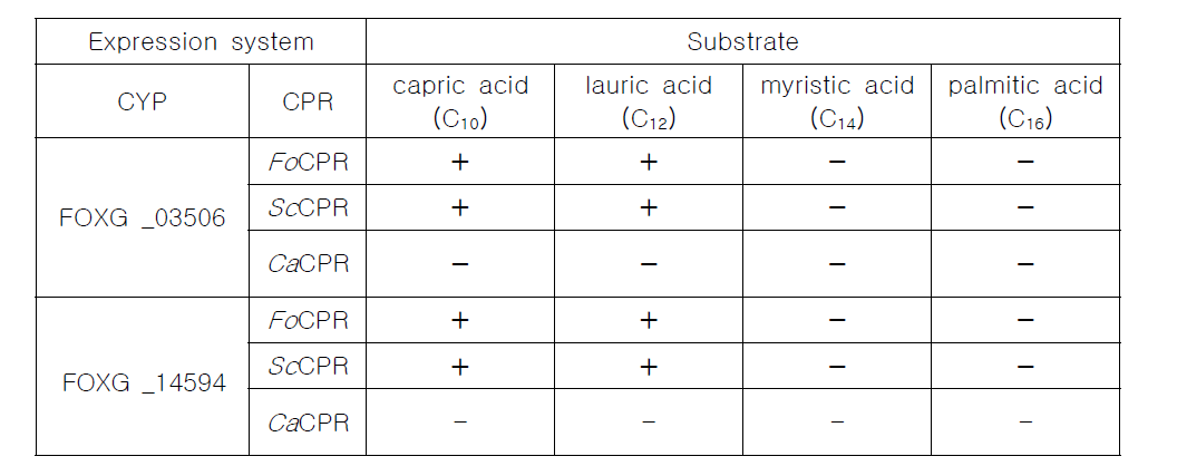 F. oxysporum 유래의 신규 후보 P450의 활성 비교 (‘+’는 활성이 있음을 의미하고, ‘-’는 활성이 없음을 의미함)