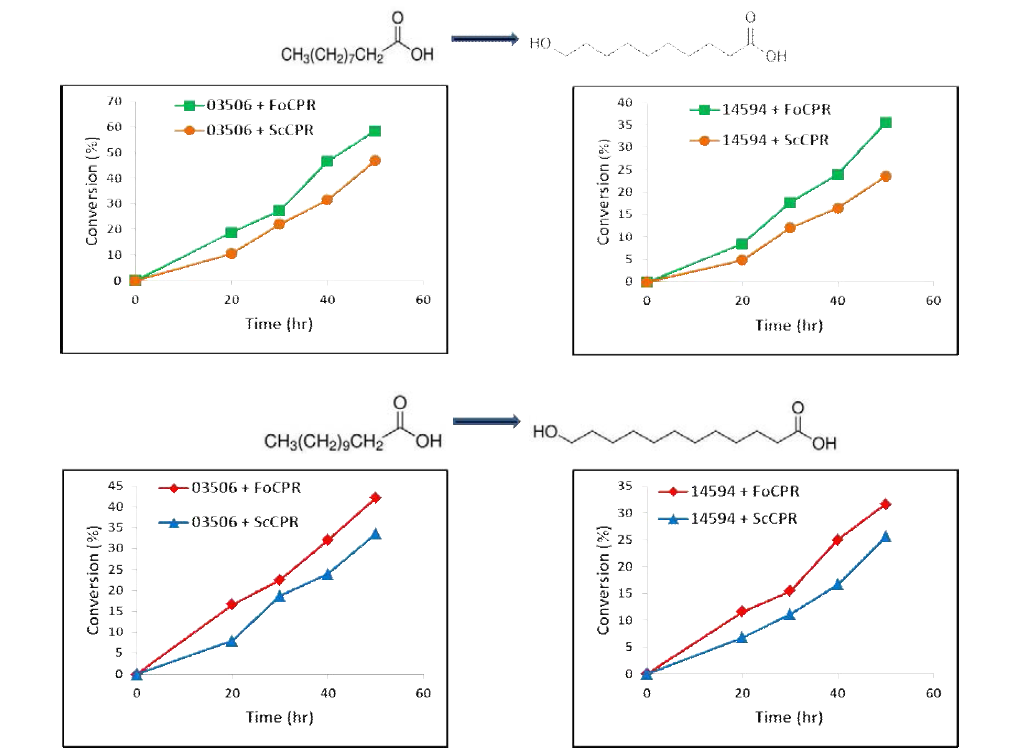Reaction profile and comparative analysis of F. oxysporum P450s toward capric acid (C10) and lauric acid (C12) with endogenous (FoCPR) and exogenous (ScCPR) reductases