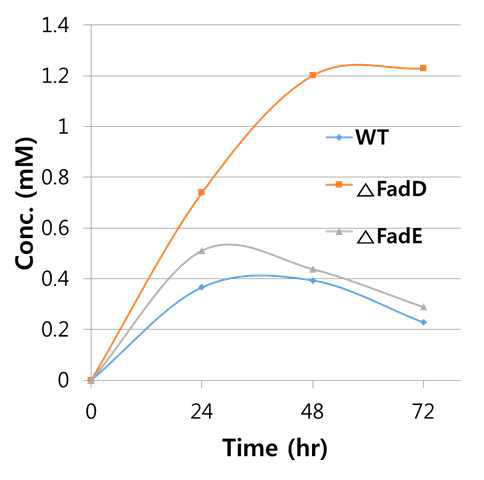 시간에 따른 △fadD와 △fadE mutant의 hydroxy fatty acid 생산 ([S]0=3mM palmitic acid, growing cell)
