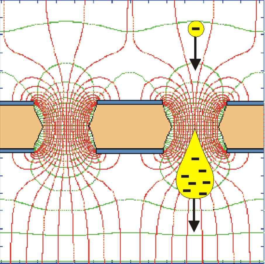 GEM에 인가된 전압에 의해 생기는 전기력선 분포(붉은색선)와 전자의 증폭 모식도(노란색 영역).