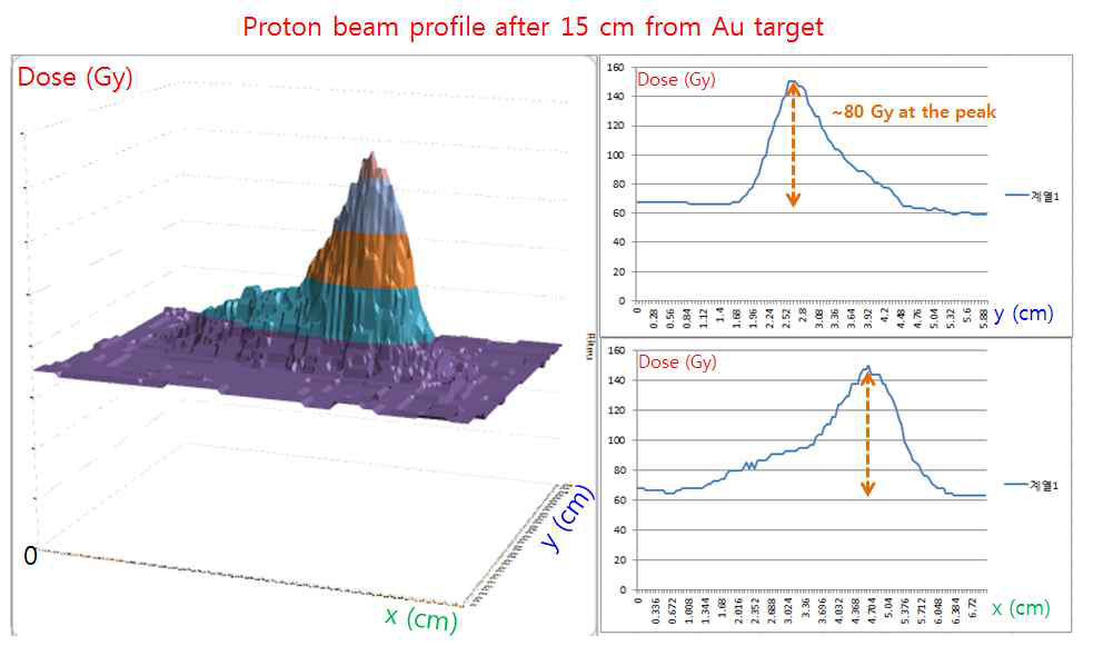 A. 금 표적 충돌 전의 위치에서의 20 초 동안 측정한 양성자 빔 분포(3D), B. 최대 dose 지점에서 x축과 y축에 대한 단면(20 spill 동안 최대 dose가 약 80 Gy정도)