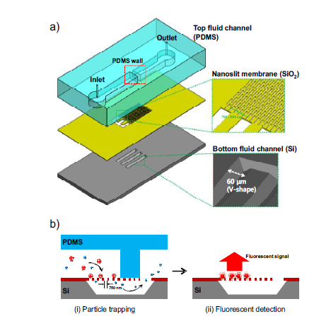 a) Nanoslit membrane이 집적화 된 미세유체칩의 개념도. b)미세유체칩을 이용한 나노 입자 분리 및 검출 방법