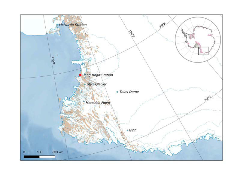 Map showing Jang Bogo Station and ice core drilling site in the Victoria Land, Antarctica.