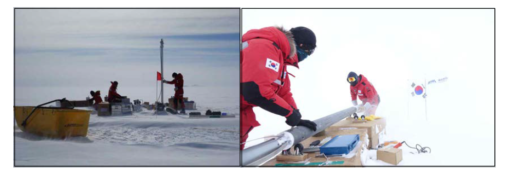Photos showing shallow ice core drilling in Hercules Neve.