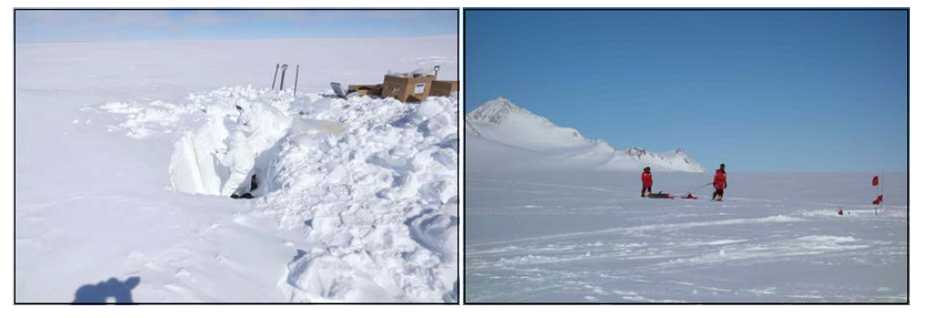 Photos showing snow pit sampling and GPR survey.