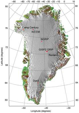 Location map of NEEM and other deep ice coring sites in Greenland