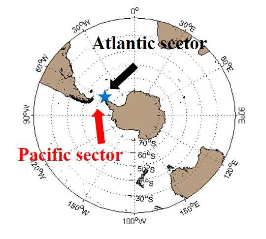 Map of Antarctica: Blue star symbol indicates the location of the KSJ station.
