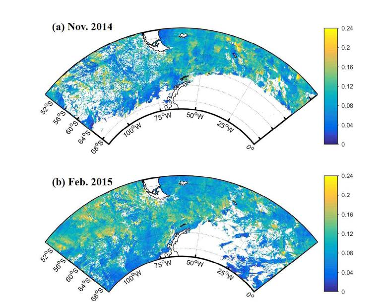 Monthly mean Aerosol Optic Thickness for November 2014 and December 2015 in the study area