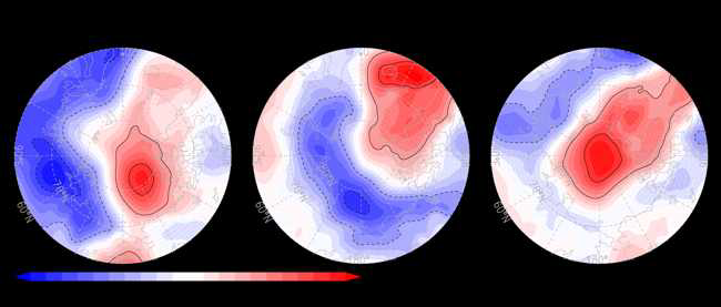 최근 해빙 극소기(2007년, 2012년, 2015년)의 5월~8월 평균 해면기압 패턴