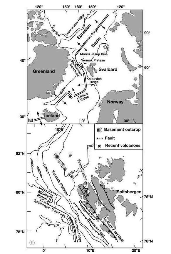북대서양과 (a) 스발바르 군도의 위치와 (b) 맨틀포획암을 채취한 4기 알칼리 화산들의 분포와 주요 지구조 환경을 나타냄 (modified from Amundsen et al (1987).