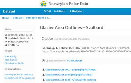 스발바르 빙하의 시기별 넓이를 보여주는 Glacier Area Outline