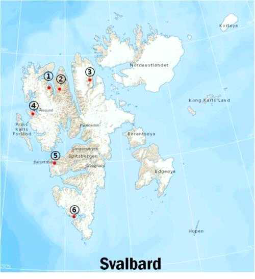 ① Sverrefjellet ②Halvdanpiggen ③ De geerbukta ④ 다산과학기지 ⑤ Kapp starostin ⑥ Kapp gnaloden hornsund