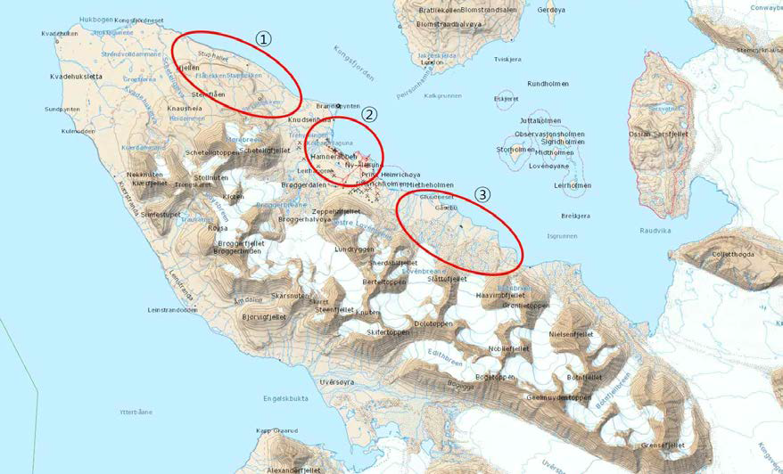 ① 다산과학기지 주변 ② Strypbekken, Stupbekken, Scheteligfjellet 주변 ③ Midtre-Lovėnbreen 빙하 주변