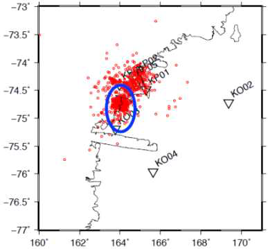 메번화산 관측망에서 관측된 Terror rift 지진원 위치