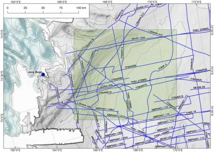 Terror Rift 북부의 기존 다중채널 탄성파 탐사자료(파란 실선)와 탄성파 탐사가 계획된 지역(초록색 사각형)