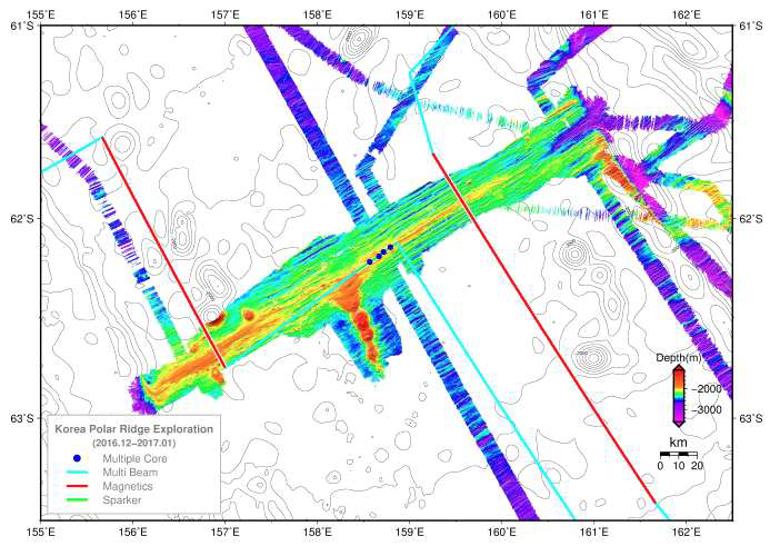 KR1 지형도 및 탐사계획: 스파커, 다중코어, 자력탐사 등 예정