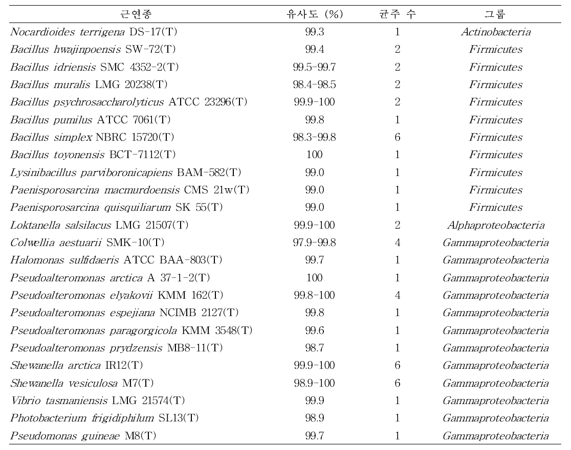 북극 심해 퇴적물에서 분리한 박테리아의 균주 리스트