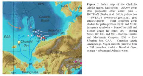 2013년 ‘아라온’ 서북극 척치해와 알라 스카 북부 대륙붕탐사에서 획득한 시추코어 (MUC, GC)에서 다중 프록시를 이용한 기후변화 기록과 과거 150년의 역사기록을 비교하는 연구 를 추진 할 계획이다.