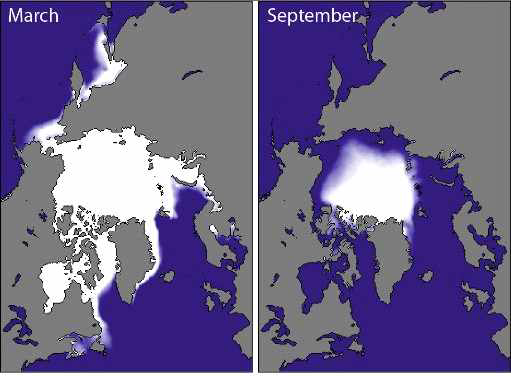 위성으로 관측된 3월과 9월 중순의 해 빙분포변화가 뚜렷하게 구분된다.