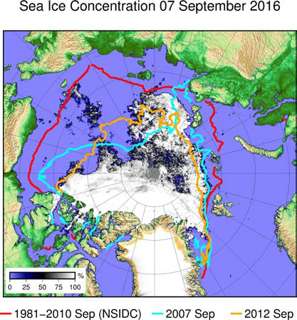 1979년 위성으로 북극해 해빙관측 이 후 9월 중순에는 최소 면적으로 해빙이 감소하는 것으로 알려졌다.