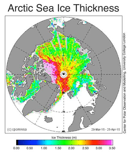 북극해의 해빙 두께가 급격히 얇아지 고 있으며, 3m 이하의 다년 빙이 대부분을 차지 한다.