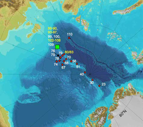 2014 ‘폴라스턴’ 제 24/4차 북극 중앙해 역 로모노소프 해령횡단 탐사에서 시추된 시추정 점으로 러시아 대륙붕 해역에 인접한 로모노소프 해령의 탐사지역(녹색)은 2018 IODP 시추지역으 로 정밀탐사 및 다량의 시추코어를 획득하였다