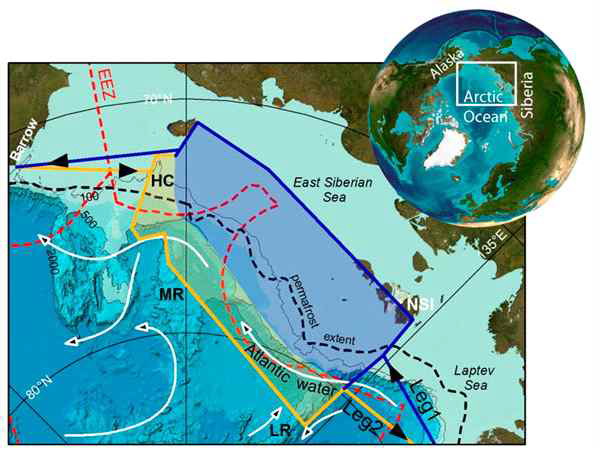 “SWERUS-C3” 주요 탐사해역은 동시 베리아 대륙붕의 해저 동토층