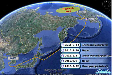 ‘아라온’ 북극탐사(2015) 항적도 및 탐 사해역을 나타낸다.