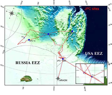2015년 제 6차 ‘아라온’ 서북극해 탐사 (ARA06C) 라인 및 JPC 시추정점을 나타낸다.