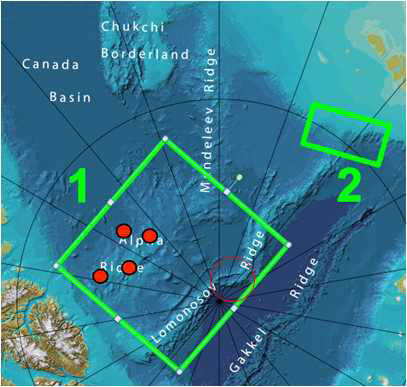 주요 탐사해역이었던 알파해령과 시추 정점 위치.