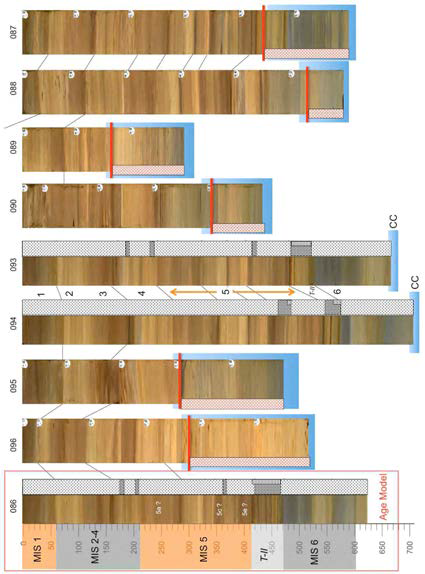 Transect 1 라인에서 참고용으로 시 추된 코어 PS87/086와 시추된 고기퇴적층의 층서 를 비교하여 하부 퇴적층은 제 4기 이전에 퇴적 된 것으로 추정하였다