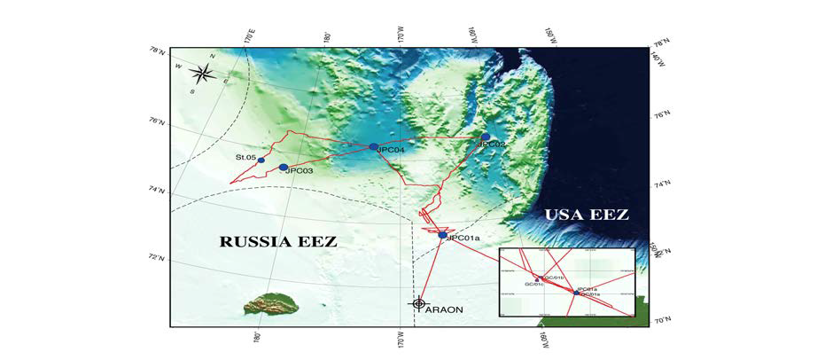 2015년 ‘아라온’ 서북극해 탐사라인 및 JPC 시추코어 위치를 나타낸다.