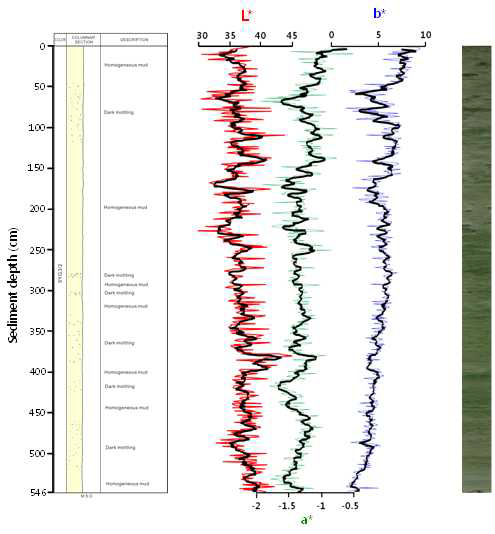 Depth profile of sediment texture, color reflectance and photography of core ARA02B/01A.