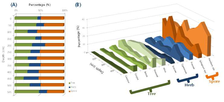 Diagrams of percentage for Tree-Herb-Spore (A) and the main taxa (B) for the cores.