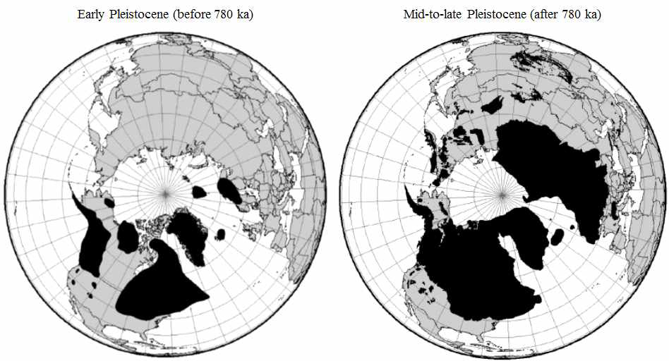 Maximum extent of ice sheets in the northern hemisphere during the early and mid-to-late Pleistocene